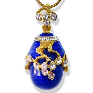 BLUE LAPIS STERLING Silver Enamel Faberge Art Deco Egg Pendant Swarovski Crystal